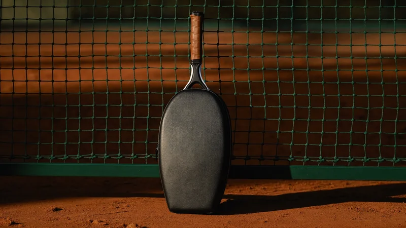 Borsa lunga per racchette appoggiata alla recinzione di un campo da tennis