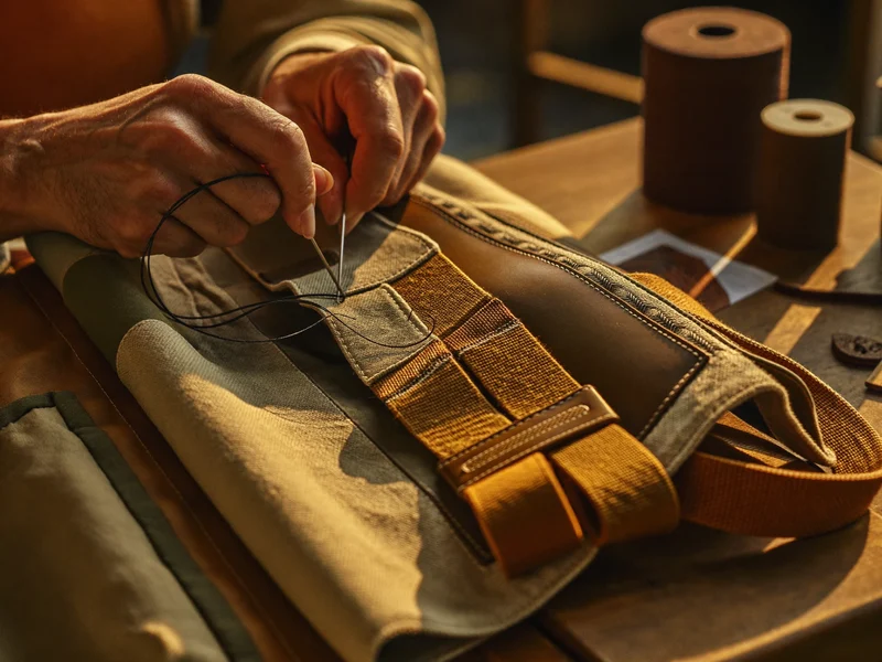 Mani di un artigiano cuciono tela e fettucce su una borsa in laboratorio