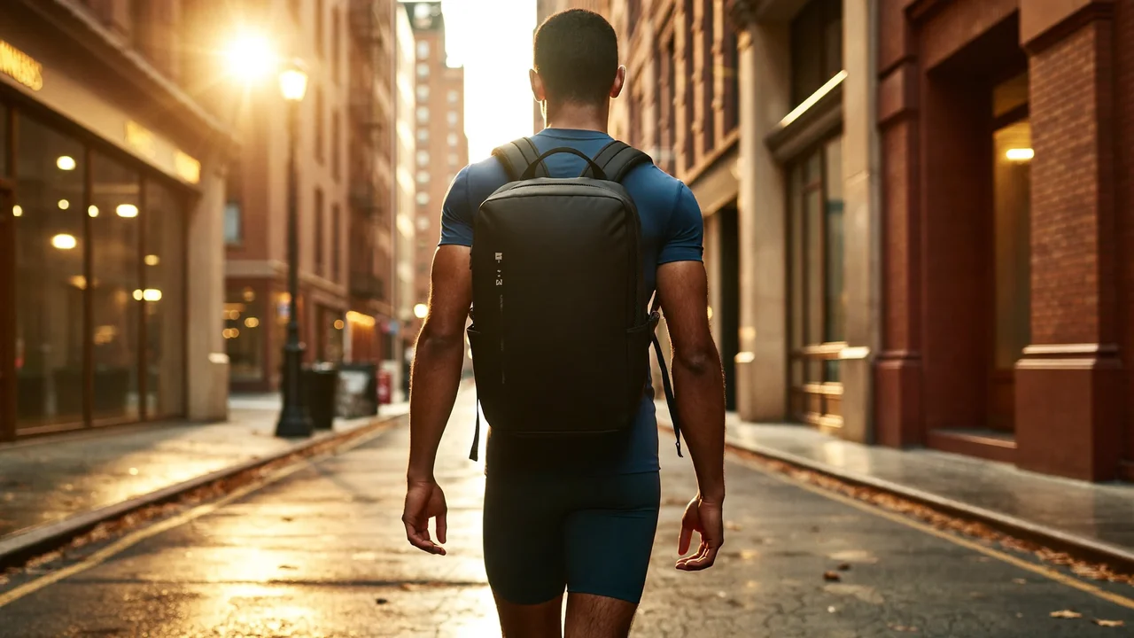 Corridore in strada al tramonto con uno zaino su una spalla